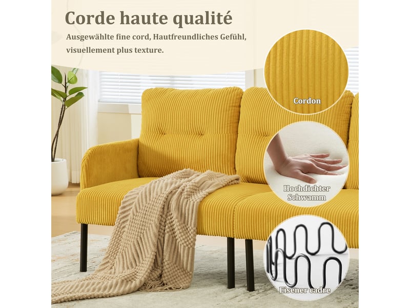  Canapé droit fixe 3 places en velours côtelé jaune 171 x 72 x 80 cm avec poches latérales, salon bureau chambre 171x72x80cm - Conforama E