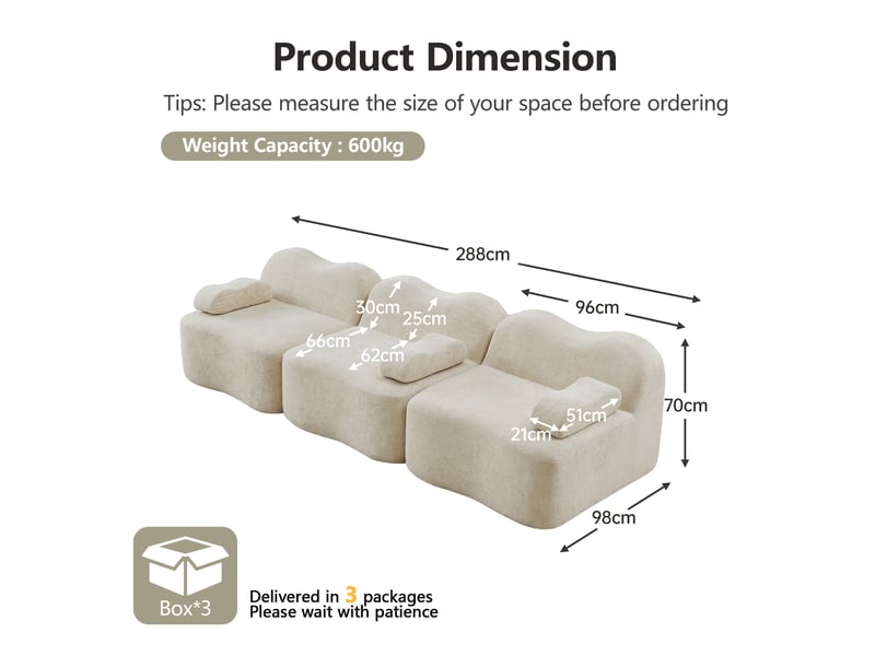 Canapé modulaire 3 places avec assise profonde et coussin d’accoudoir, en velours beige - Conforama E