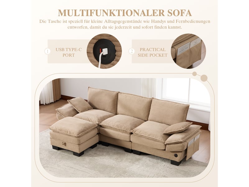  Canapé d'angle 3 places en velours côtelé kaki avec pouf et coffre intégré pour salon ou bureau  - Conforama E
