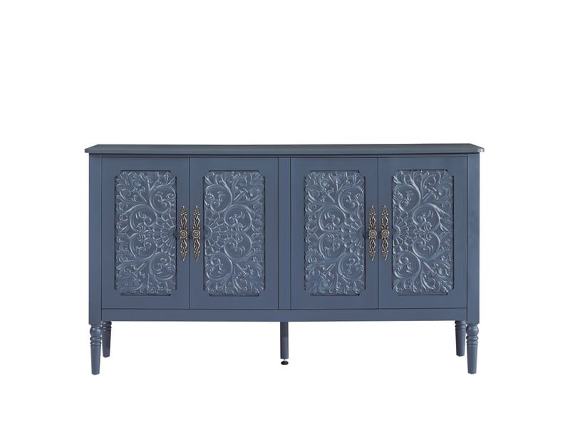  Buffet 160x40x89 cm, avec reliefs sculptés et angles arrondis, panneau de particules, mdf, métal, bleu marine, salon  - Conforama A