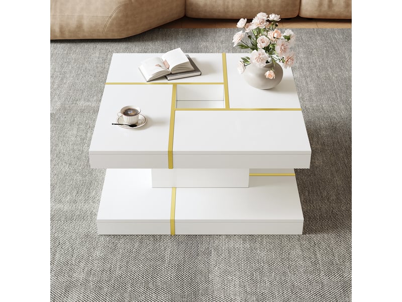  Table basse 80x80x38 cm à double plateau, rangement ouvert et niche centrale, panneaux de particules, blanc et doré ABC - Conforama E