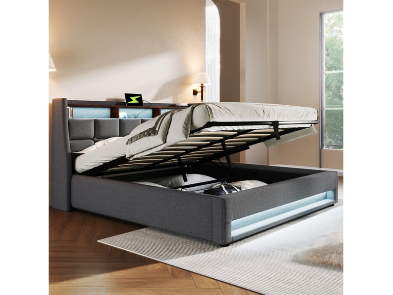 Lit adulte 160x200 cm 2 places avec usb, led, tête de lit avec rangement, sommier et lit coffre, revêtement lin gris, matelas inclus - Conforama E