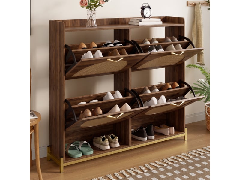  Meuble à chaussures 4 abattants, 2 niches ouvertes, aspect rotin, mdf noyer, 108,5 x 24 x 100 cm  - Conforama D