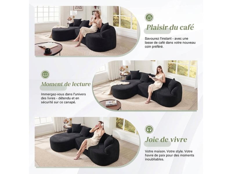  Canapé d'angle modulable avec méridienne gauche en l, chenille noire, sans montage, design courbé  - Conforama B