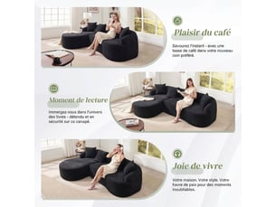Canapé d'angle modulable avec méridienne gauche en l, chenille noire, sans montage, design courbé