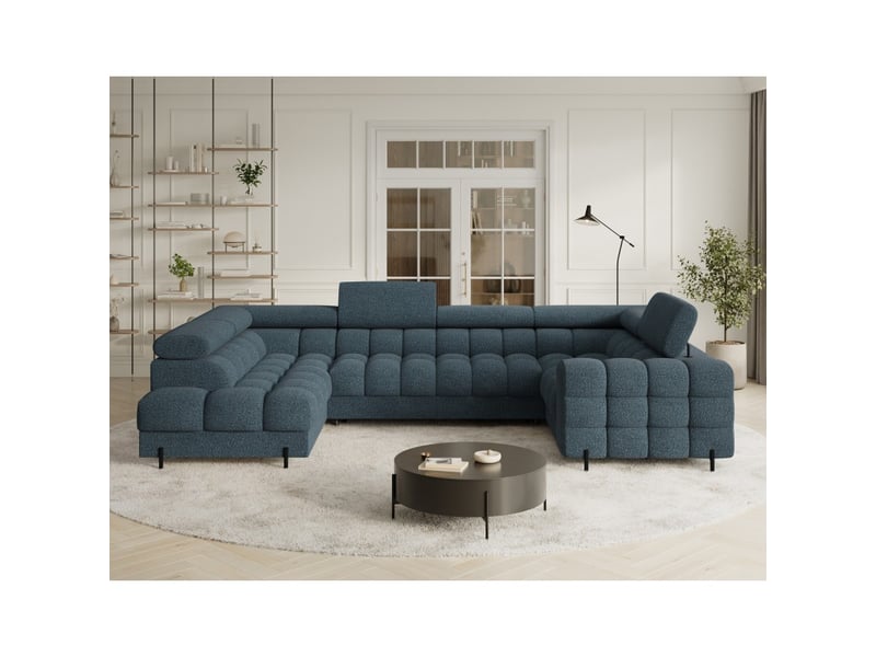  Canapé panoramique convertible factory 3 places bleu chiné – angle gauche avec coffre  - Conforama E