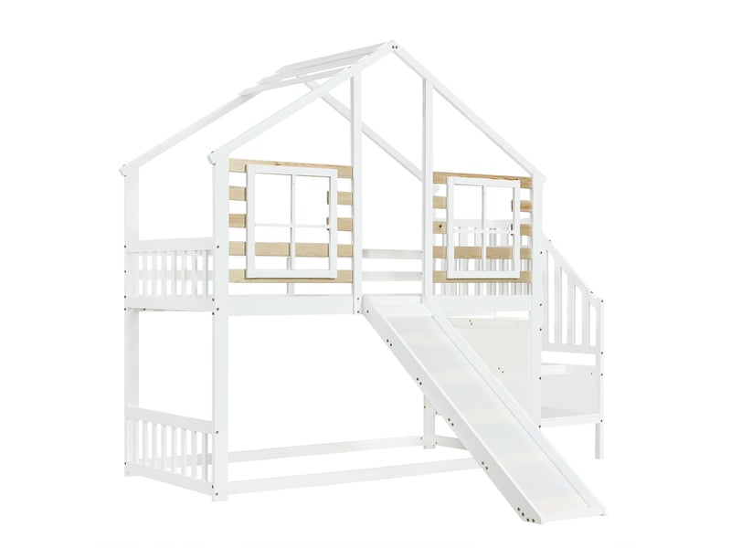  Lit superposé enfant 90x200 cm – blanc et naturel – cabane avec escalier, toboggan et fenêtres - sans matelas  - Conforama D