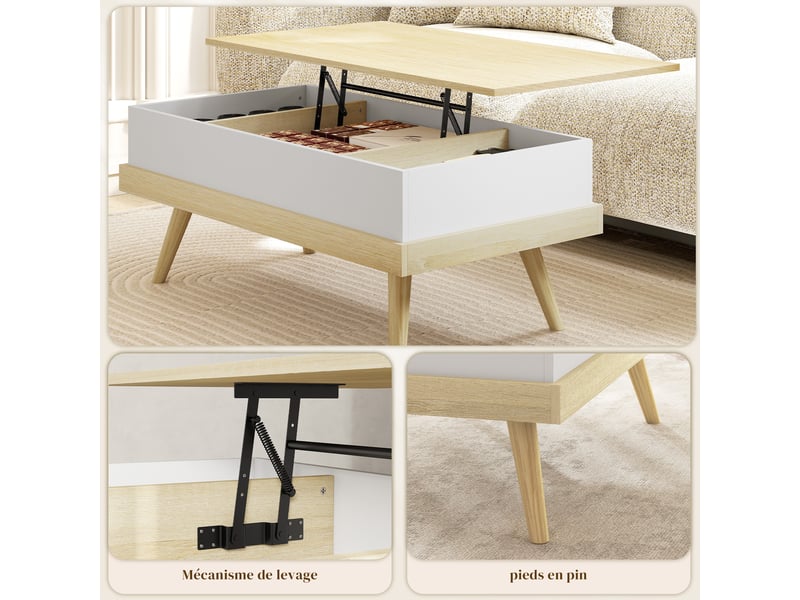  Table basse relevable avec 3 compartiments cachés, table de salon moderne, 100x79x54cm, pieds en bois, naturel blanc  - Conforama R