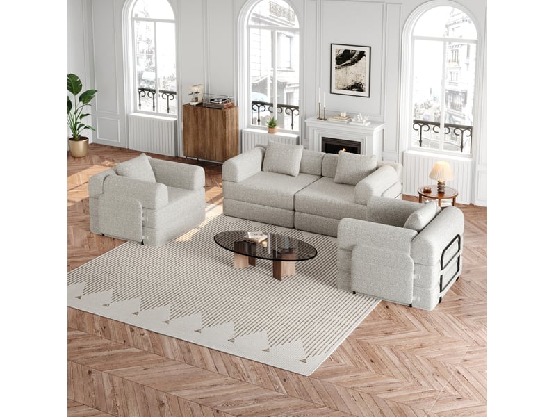 Canapé modulaire convertible 4 places avec rangement d'accoudoir et dessous antidérapant en chenille kaki - Conforama D
