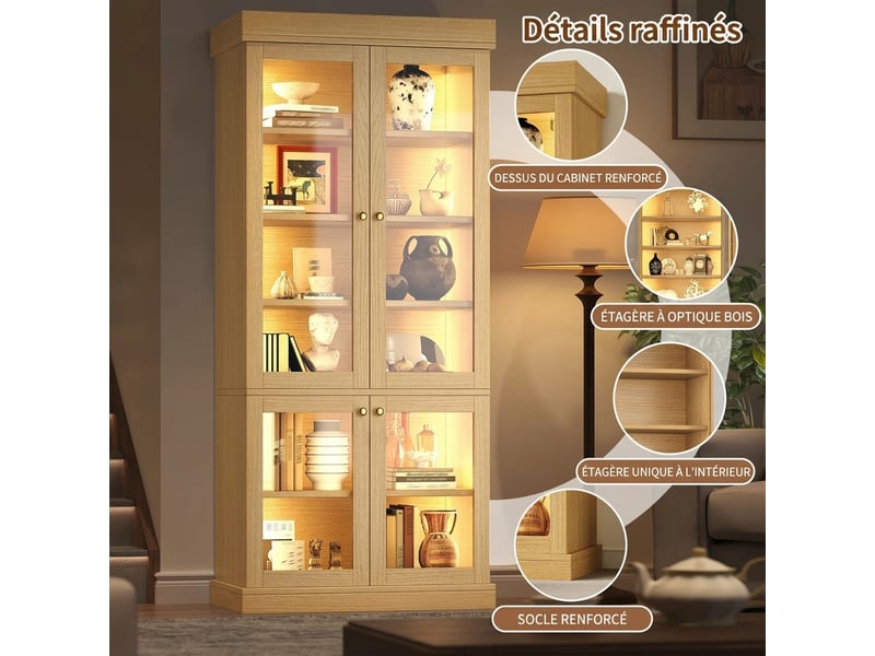  Buffet de cuisine haut effet bois naturel 160x40x180 cm avec vitrine en verre et led  - Conforama D