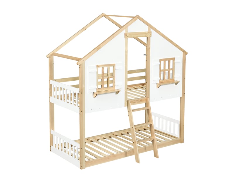  Lit superposé pour enfant, avec de belles fenêtres et un toit élégant, un sommier à lattes robuste, des barrières de sécurité latérales, en pin, mdf et contreplaqué, blanc et naturel, 90 x 200 cm.  - Conforama E