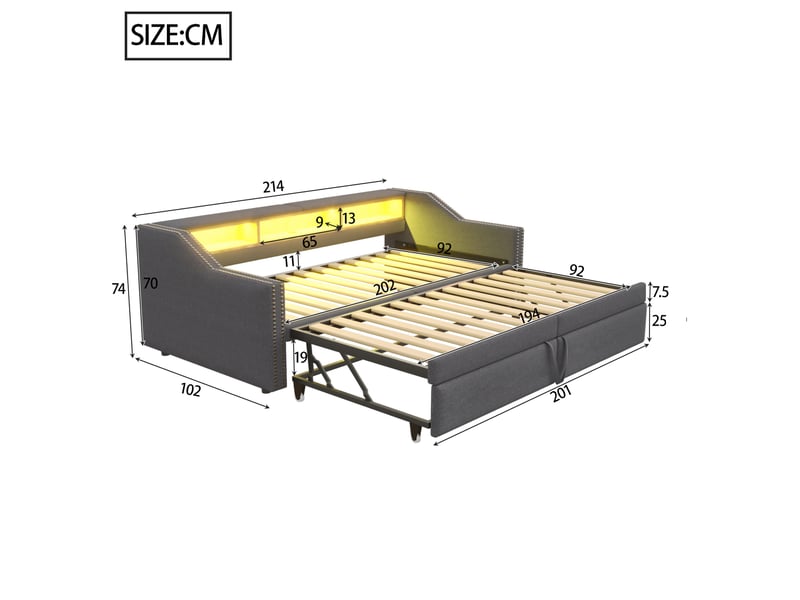  Modenvie canapé lit gigogne 90180x200 cm - avec rangement latéral, led et port usb, avec 2 matelas ressorts - gris  - Conforama C