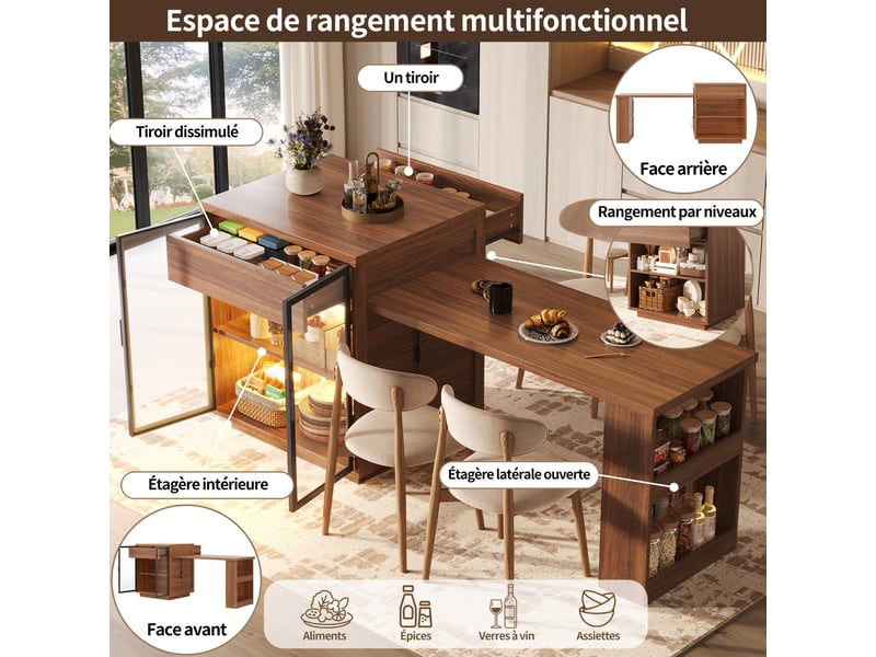  Îlot de cuisine table repas extensible 122-194,5x70x94 cm, rangement, led usb intégré, mdf et métal, marron foncé  - Conforama D