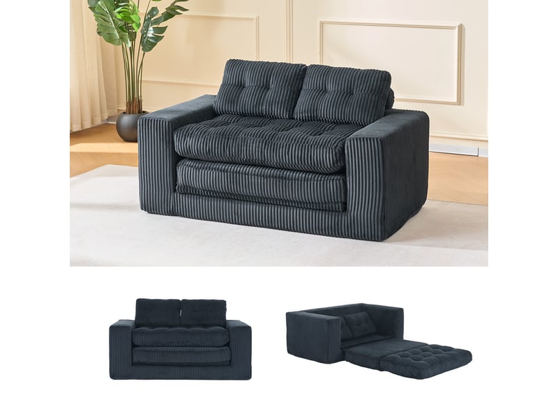  Canapé droit convertible 2 places en velours côtelé noir 140 cm, format compact pour petits espaces et invités  - Conforama E
