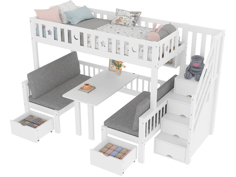  Lit mezzanine blanc 90×200 cm en pin, avec bureau convertible, escalier de rangement, décor étoiles et lune  - Conforama A