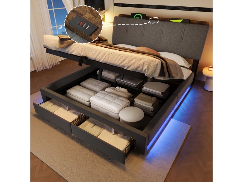 Lit coffre 140x200 cm, lit double, rangement hydraulique, led, lin gris, usb et usb-c - Conforama D