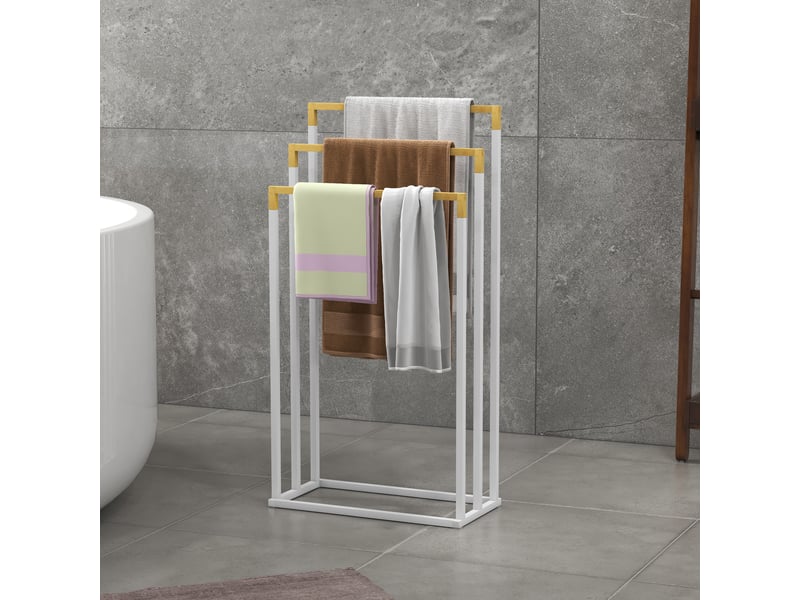  Porte-serviettes en bambou et acier sur pieds avec 3 barres support pour serviette blanc et naturel 45 x 22,5 x 86 cm  - Conforama D