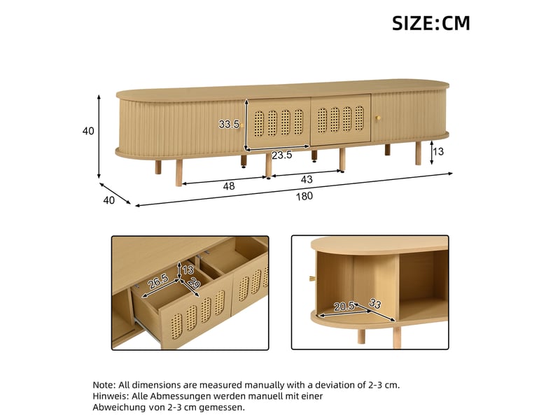  Meuble tv 180 cm pour écran jusqu’à 75 pouces, 2 portes effet rotin, 2 portes à rideau, forme ovale, grand rangement, mdf effet bois naturel  - Conforama D