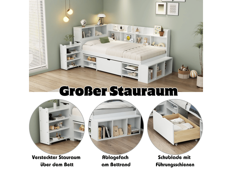  Lit enfant 90x200 cm - lit combiné avec tiroirs et bibliothèque, lit avec rangement blanc, sans matelas  - Conforama D