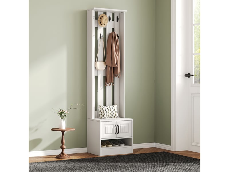 Banc à chaussures, meuble à chaussures, meuble de couloir, avec 2 portes, avec paroi arrière avec 8 crochets, blanc, l50p36h190cm (l×p×h) N657P326565W - Conforama E