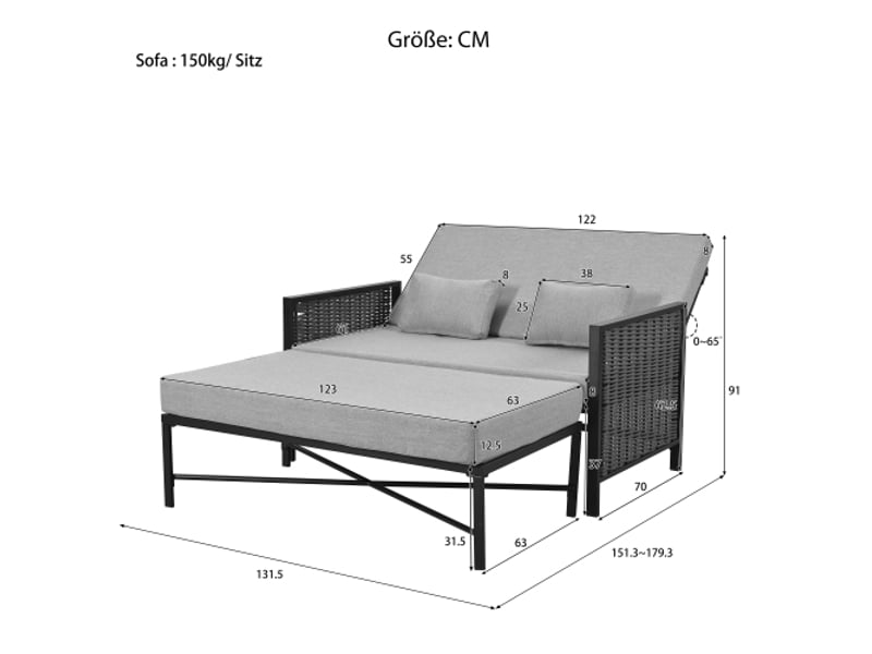 Fauteuil de jardin 2 places convertible en bain de soleil, dossier réglable 5 positions, gris - Conforama E