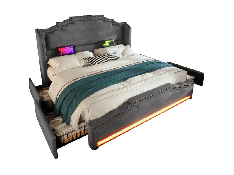 Lit 160x200 avec 4 tiroirs, led et usb-c, velours gris cravdom