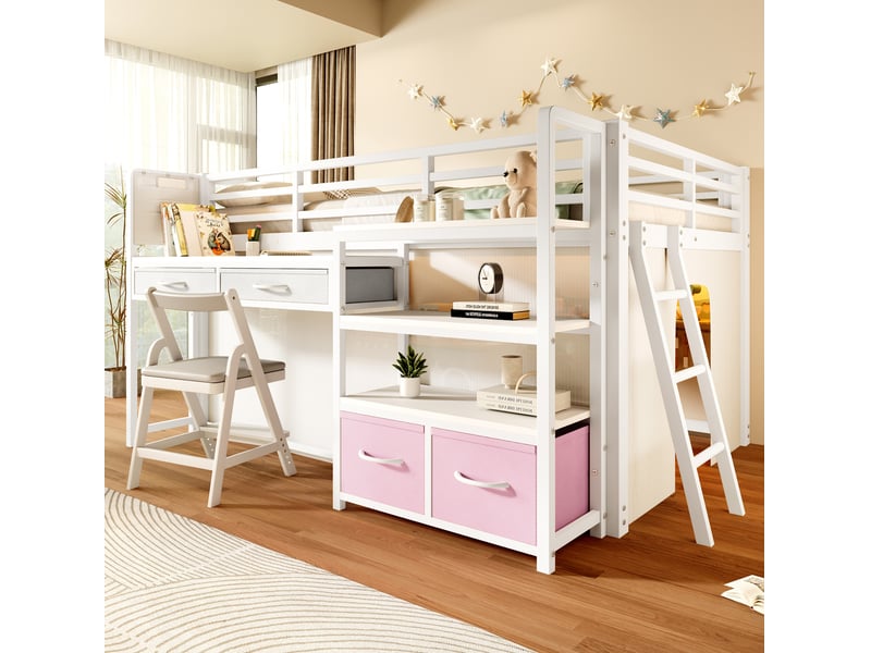 Lit mezzanine modenvie enfant 140 x 200 cm avec bureau rangement led métal mdf blanc - Conforama B