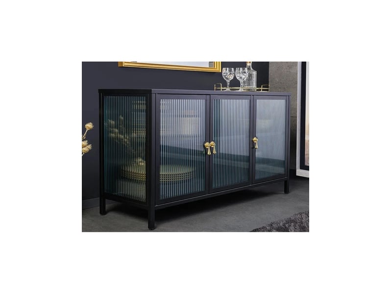 Buffet britton 105 cm en verre trempé et métal – 3 portes vitrées, coloris noir et poignées dorées - Conforama B