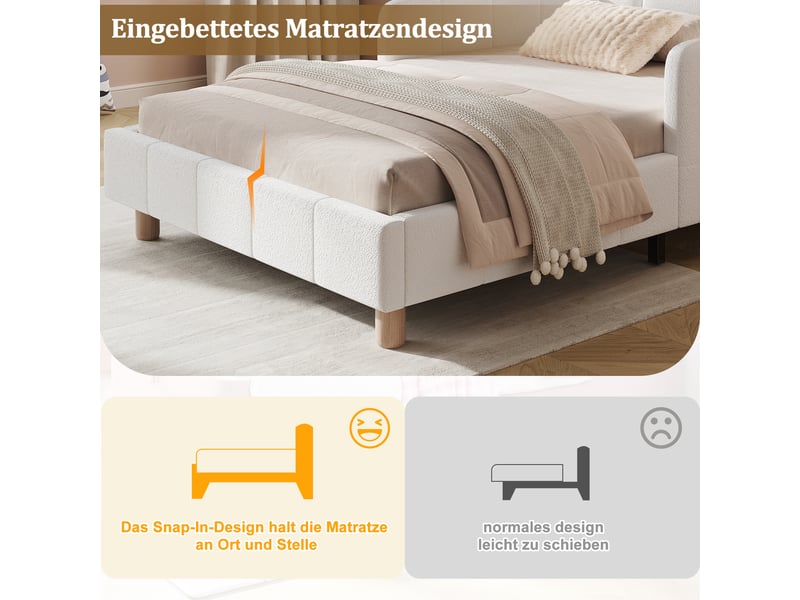  Lit 90x200 cm avec tête de lit rembourrée, lit simple avec pieds en bois massif, lit d'enfant en velours bouclé, couleur beige  - Conforama E