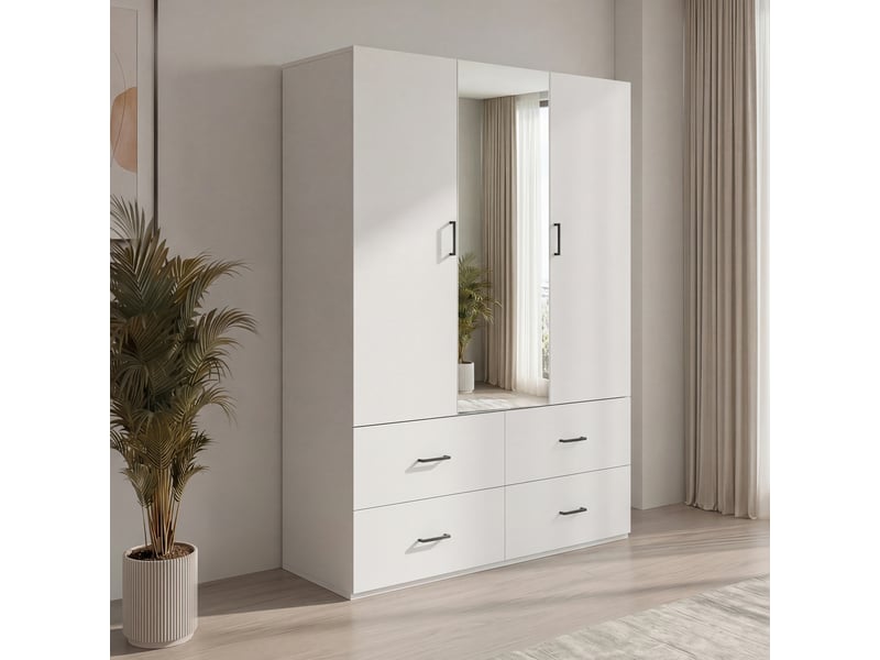  Armoire blanche 2 portes avec miroir central, 4 tiroirs, grand rangement, élégance et fonctionnalité  - Conforama D