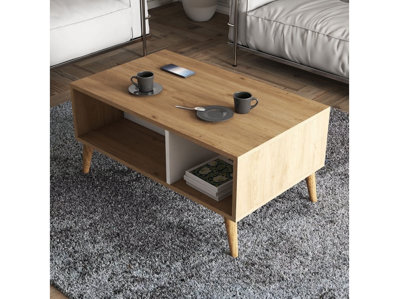  Table basse avec rangement décor chêne et blanc l 90 cm, 2 niveaux, pieds en bois  - Conforama D
