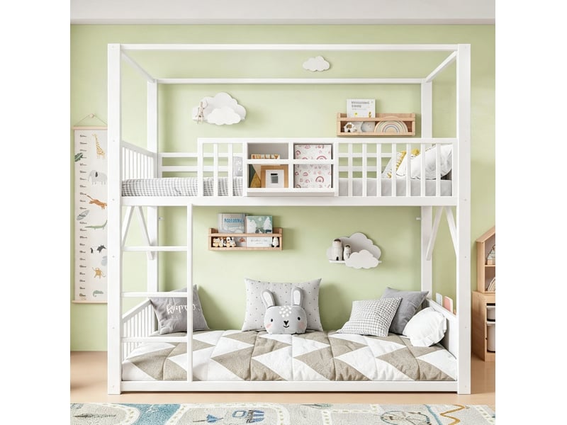  Lit superposé enfant 90x200 cm en métal blanc avec structure de toit et rangements  - Conforama D
