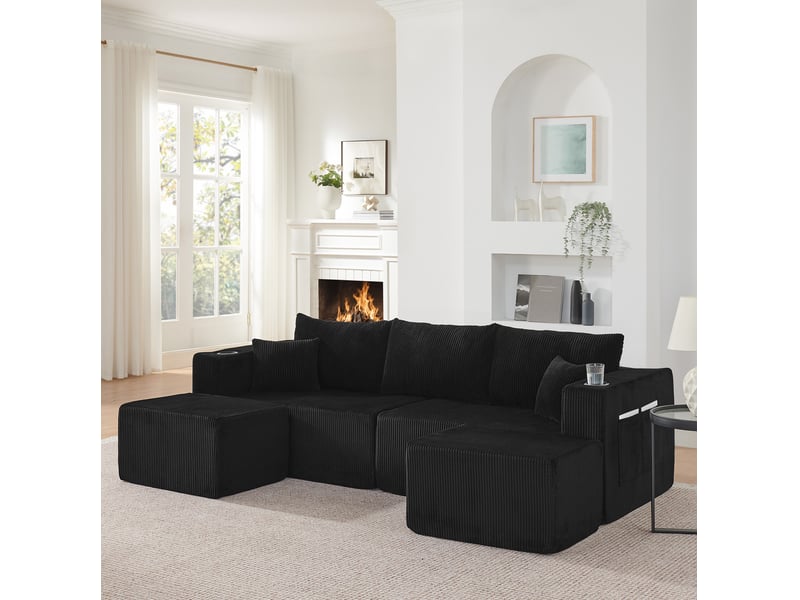  Canapé d'angle modulable 3 places modenvie en cord noir, avec ottomans mobiles, porte-gobelets, poches latérales et coussins  - Conforama D