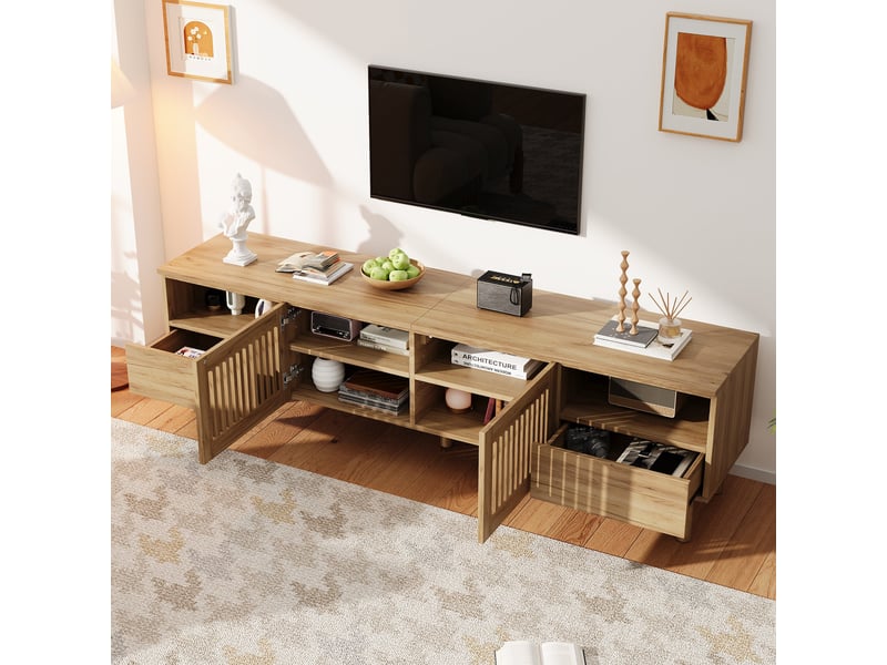  Meuble tv en mdf, 180 × 40 × 51 cm, avec 2 portes grillagées et 2 tiroirs, niches ouvertes et pieds en bois massif, couleur naturel  - Conforama D