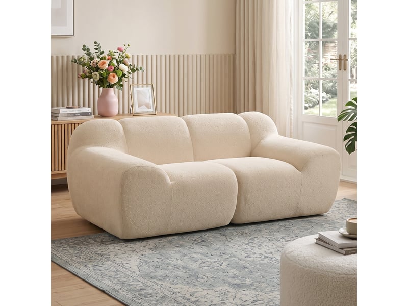  Canapé 2 places en chenille, canapé de salon 174cm, entièrement compressé, assise et accoudoirs larges rembourrés, beige  - Conforama D