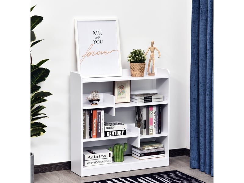  Bibliothèque étagère meuble de rangement dim. 90l x 24l x 91h cm 4 niveaux 3 panneaux arrières panneaux de particules blanc  - Conforama C