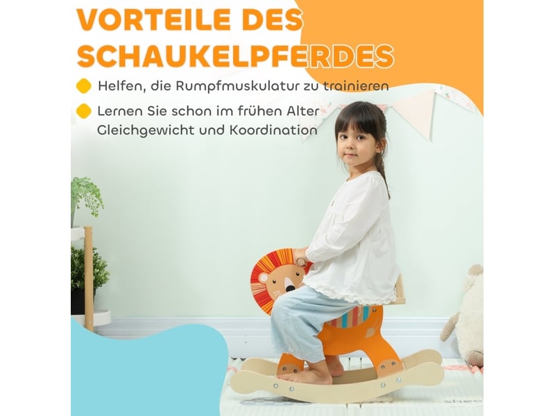  Cheval à bascule enfant motif lion 59x27x44 cm – orange – en bois, base anti-basculement, 25 kg  - Conforama E