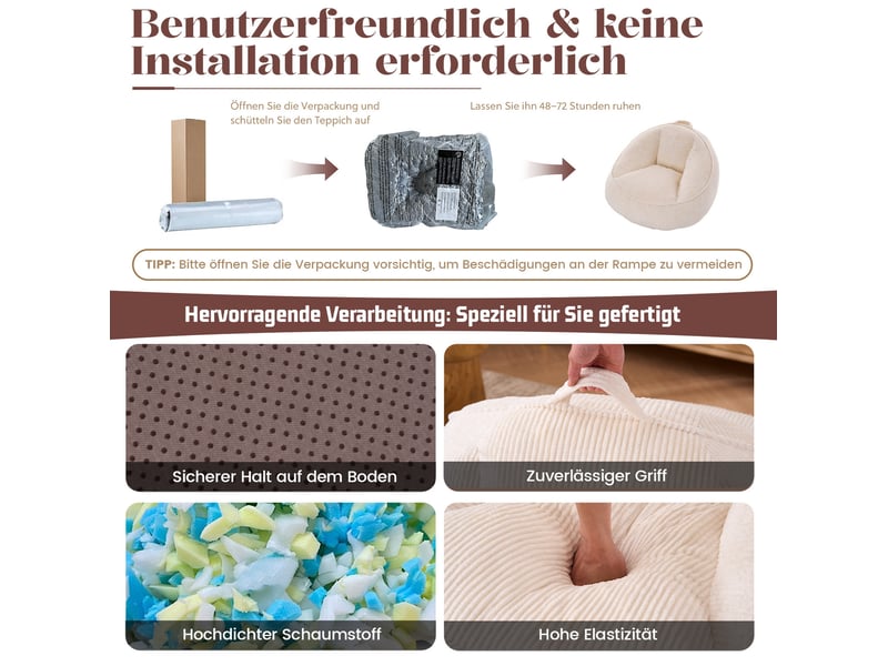 Fauteuil pouf avec dossier ergonomique et mousse à mémoire de forme, en velours côtelé beige, 90 × 90 × 59 cm - Conforama C