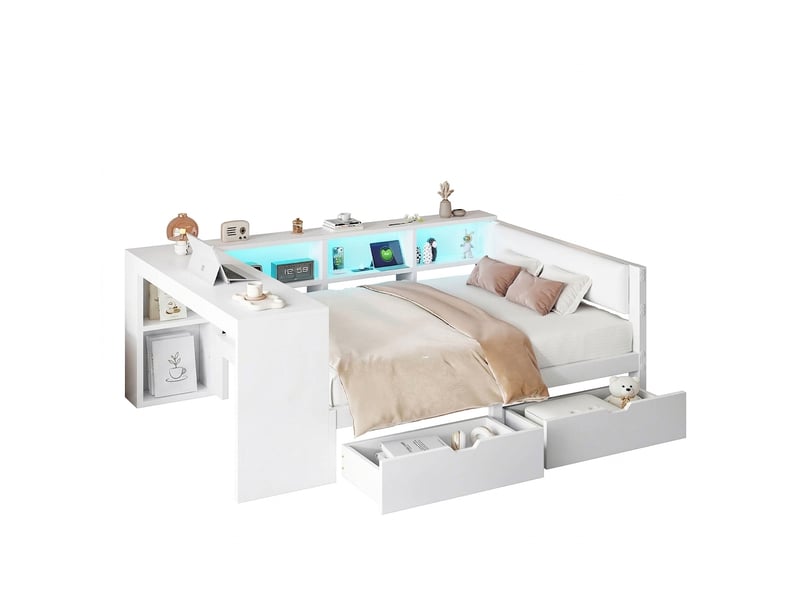 Lit 140x200 avec tiroirs et led, tête capitonnée, station charge usb, blanc  - Conforama A