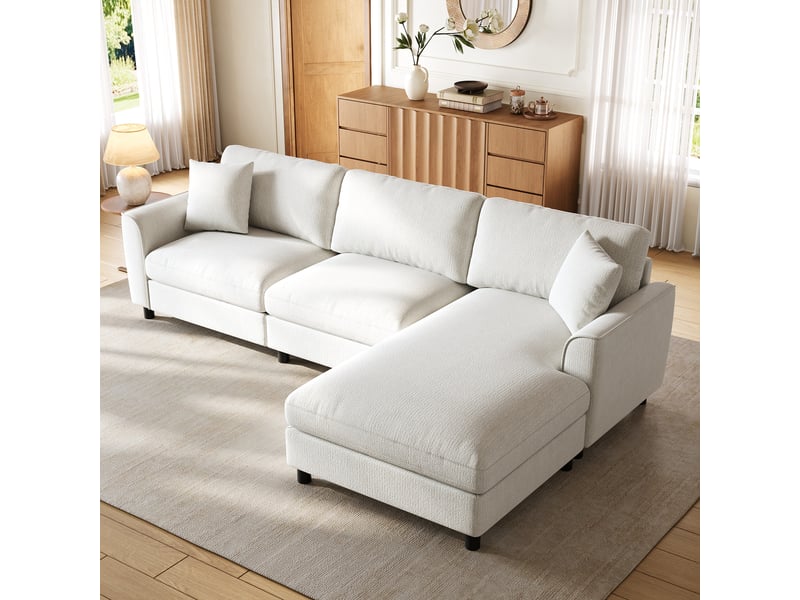 Canapé d’angle modulable en l 256 cm 3 places avec méridienne réversible extra-large 90 cm, accoudoirs courbés, ressorts ensachés, chenille beige - Conforama E