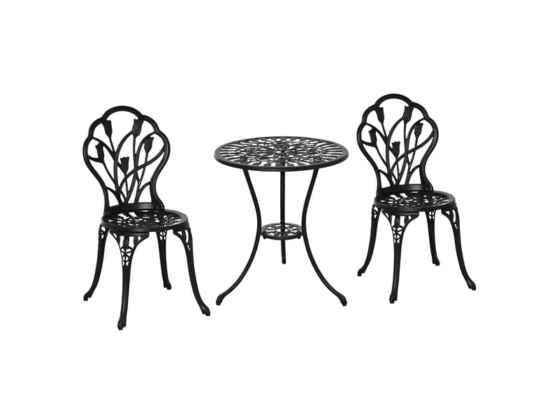 Ensemble de jardin 3 pièces comprenant une table ronde ø60x67 cm et 2 chaises 42,5x47,5x89 cm. Table avec trou pour parasol, couleur noire. - Conforama A