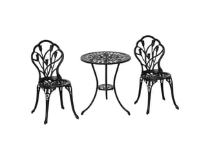 Ensemble de jardin 3 pièces comprenant une table ronde ø60x67 cm et 2 chaises 42,5x47,5x89 cm. Table avec trou pour parasol, couleur noire.