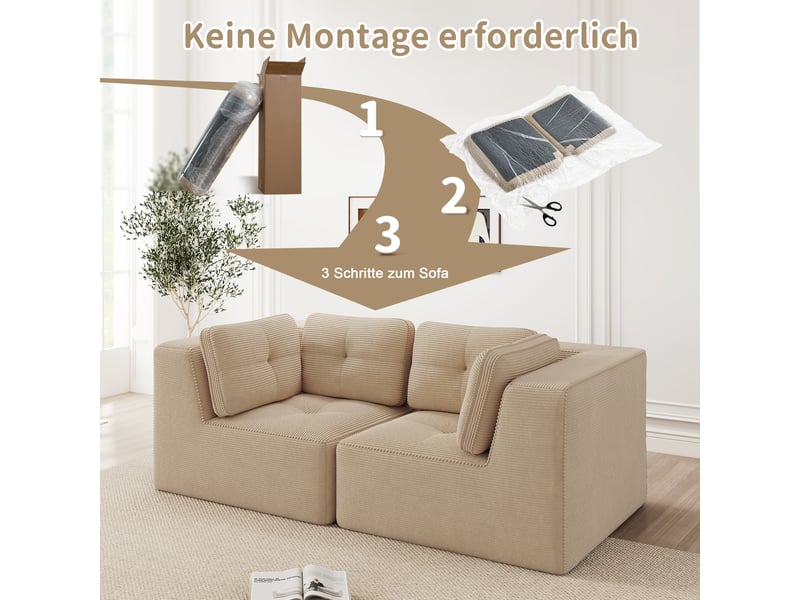  Canapé d'angle modulable 2 places en velours côtelé beige, sans montage, assise profonde, design sans cadre  - Conforama W