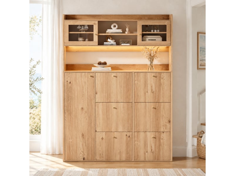 Meuble à chaussures 130x25x180 cm en panneaux de particules et verre avec led, 6 compartiments basculants, coloris naturel chicfurn  - Conforama C