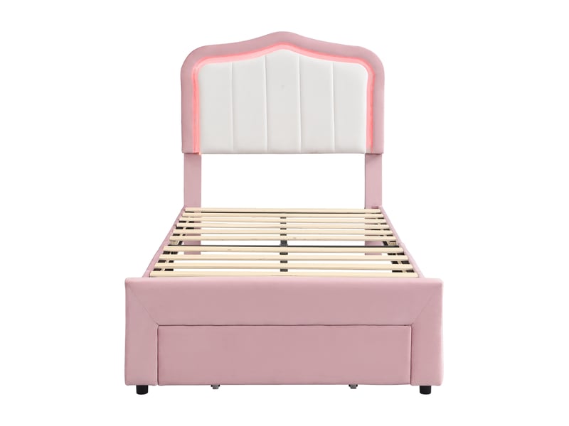 Lit enfant rembourré 90x200 cm rose avec tiroir, dossier blanc et led app - Conforama A