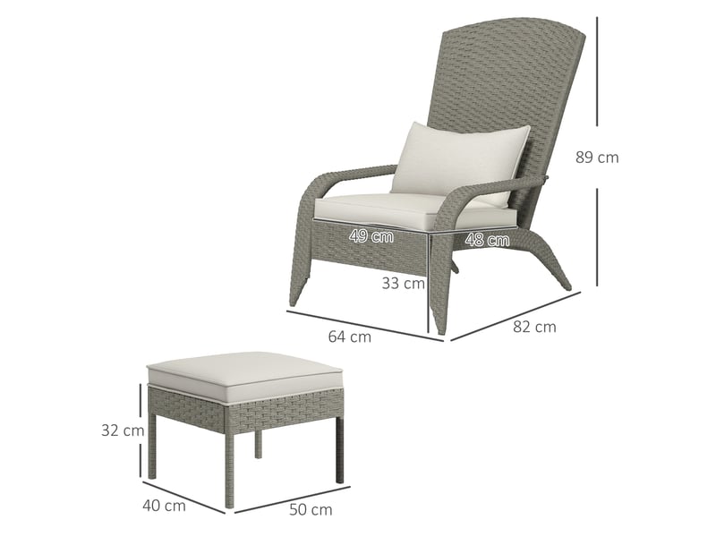  Chaise de jardin avec repose-pieds et coussins rembourrés, en rotin et acier, 64 x 82 x 89 cm, gris et crème  - Conforama E