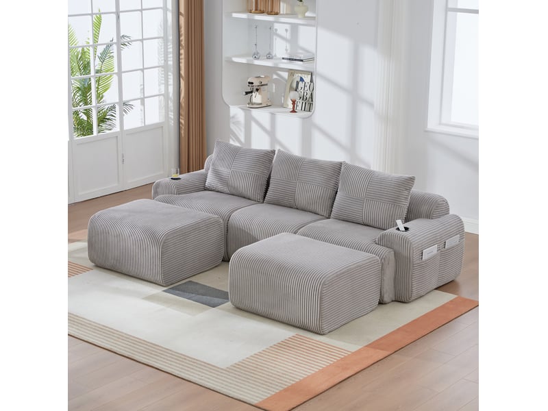 Canapé modulaire 3 places avec 2 poufs en velours côtelé gris clair - Conforama C