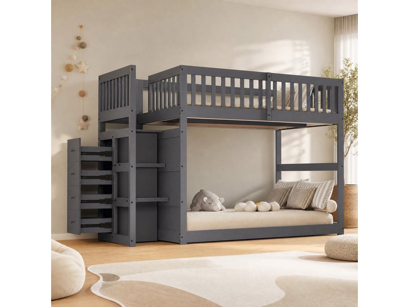 Lit superposé enfant bas 200×140 cm avec escalier à 4 tiroirs et barrières hautes, en bois gris - Conforama B