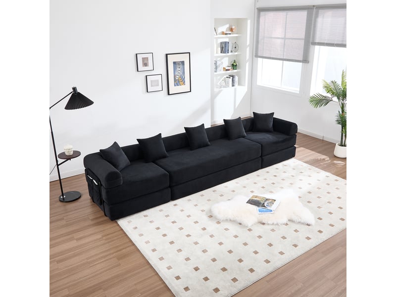 Canapé modulable noir velours côtelé avec rangement - canapé familial 270cm convertible lit d'appoint - Conforama E
