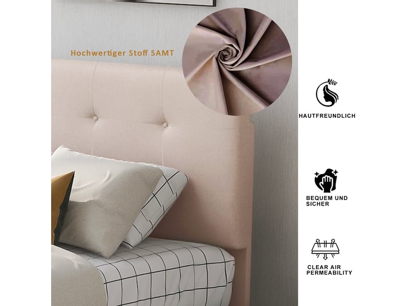 Lit enfant 90x200 cm avec 2 tiroirs, tête de lit réglable et sommier, velours, beige foncé, sans matelas - Conforama R